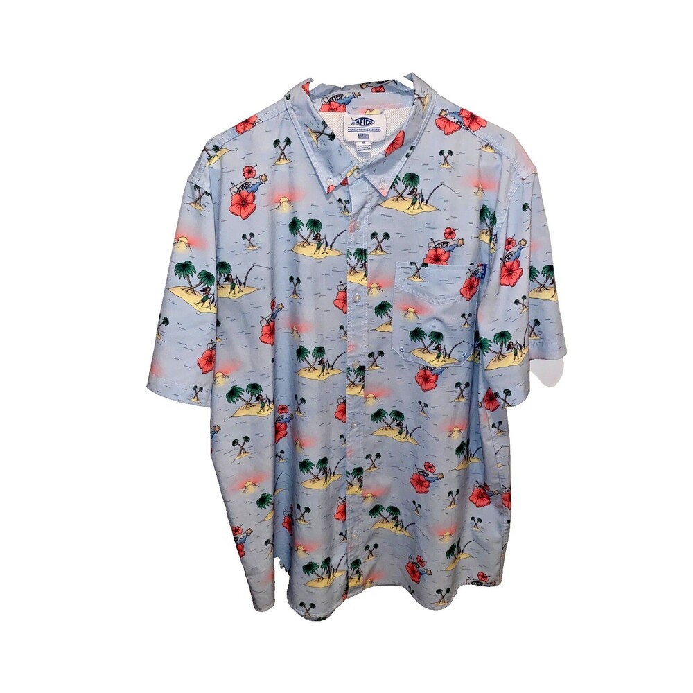 AFTCO Hawaiian Short Sleeve Button Down Shirt Men's XL Logo Blue Palm Tree